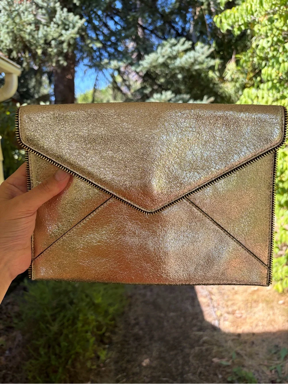 Rebecca Minkoff silver Metallic Leo Zipper Trim Envelope Clutch